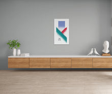 Load image into Gallery viewer, A simple constructivist design, an abstraction of elk and their environment. This is a serigraph print in four colors. Hand-made mylars were created by the artist and used to expose the screen. Edition of 66. 22&quot;x38&quot;.
